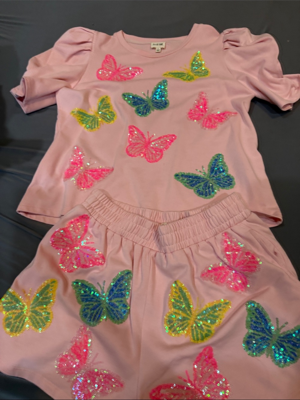 Pink Butterfly Sequin Shorts Set. Top size Large. Bottoms size M
